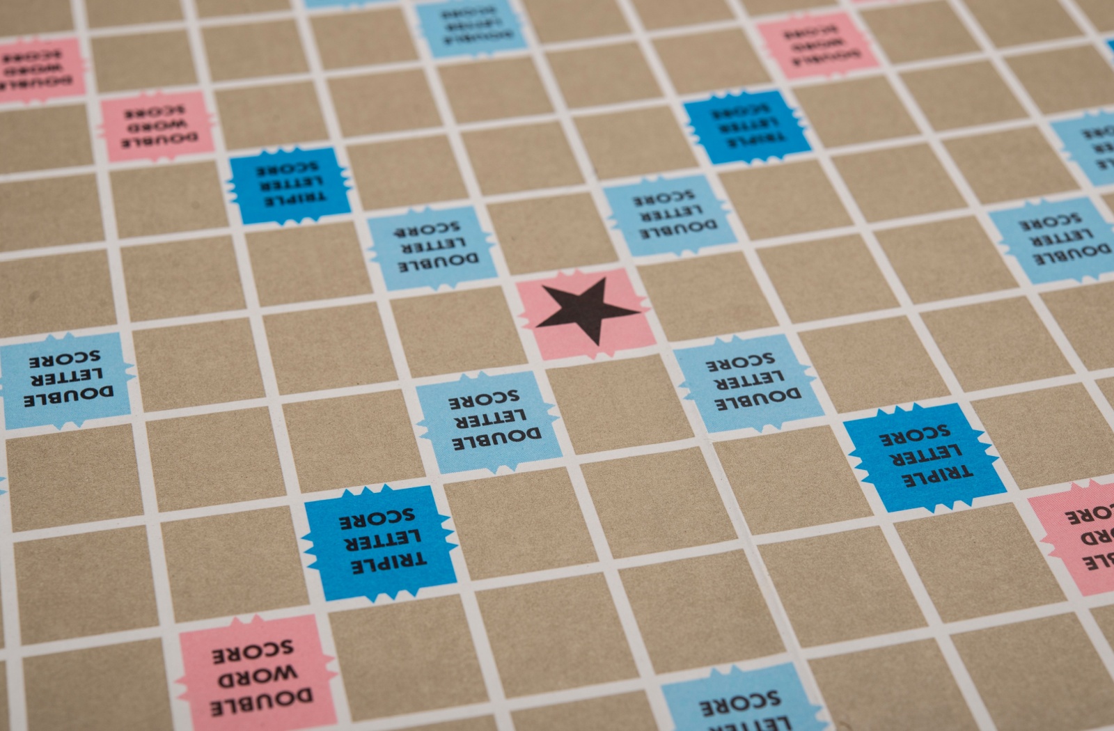 A close-up of an empty Scrabble board.